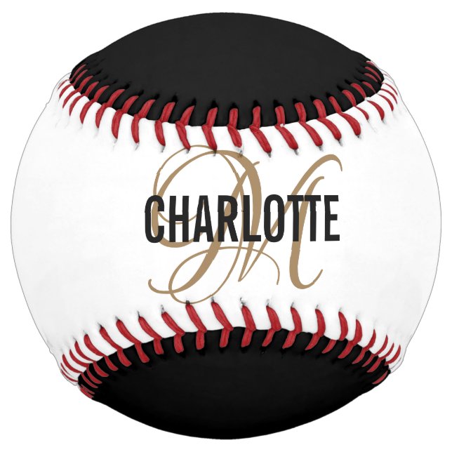 Modern black white gold script monogram name  softball (Front)