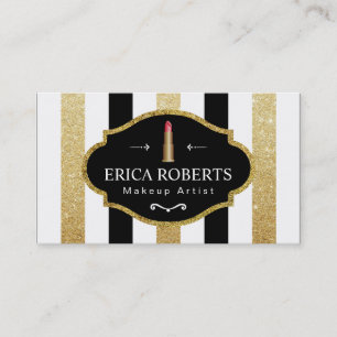 Modern Black White Gold Stripes Makeup Artist Business Card