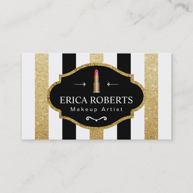 Modern Black White Gold Stripes Makeup Artist Business Card (Front)