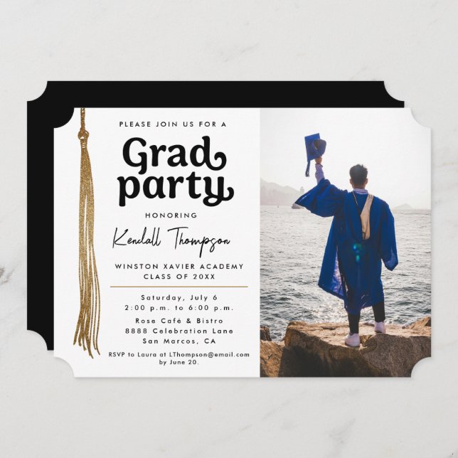 Modern Black White Gold tassel Grad Party photo Invitation (Front/Back)