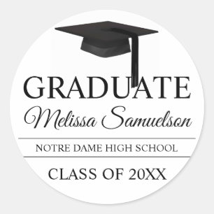 Modern Black White GRADUATE Class Graduation Cap Classic Round Sticker
