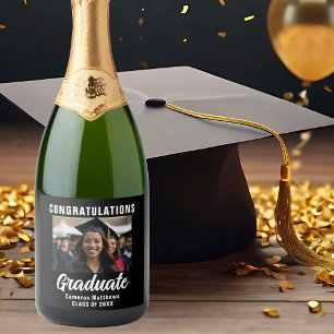 Modern Black White Graduate Photo Graduation Party Sparkling Wine Label