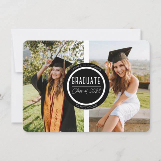 Modern Black & White Graduate Two Photo Card (Front)