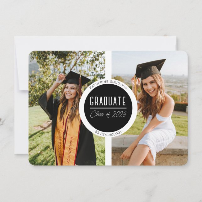 Modern Black & White Graduate Two Photo Note Card (Front)