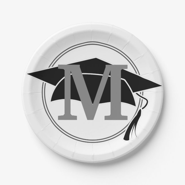 Modern Black White Graduation Cap Monogram Initial Paper Plate (Front)