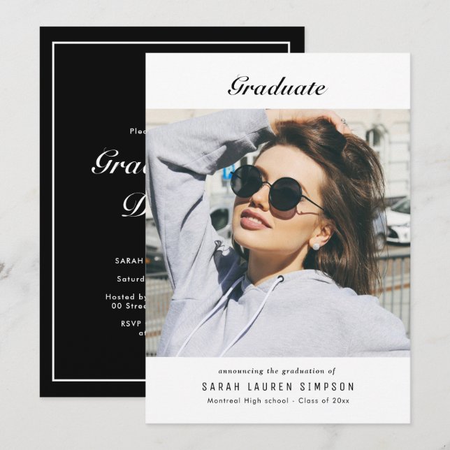 Modern black & white graduation dinner invitation (Front/Back)