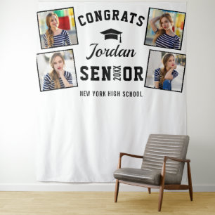Modern Black White Graduation Photo Booth Backdrop Tapestry