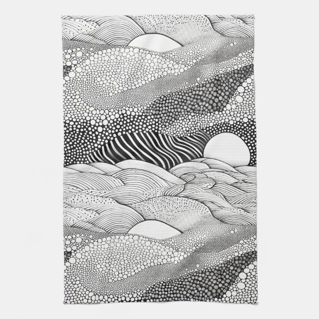 Modern Black White Graphic Shapes Pattern Tea Towel (Vertical)