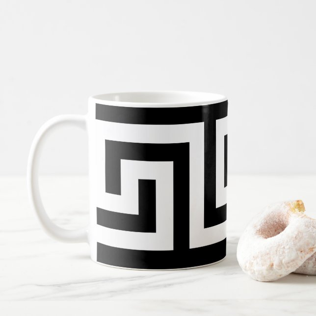 Modern Black White Greek Key Elegant Coffee Mug (With Donut)