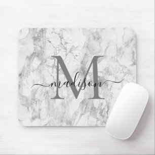 Modern Black White Grey Marble Monogram Script Mouse Mat