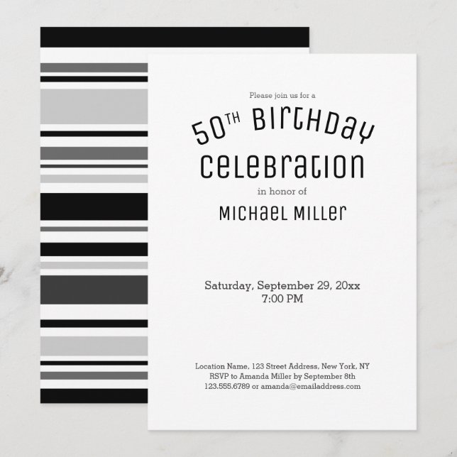 Modern Black White Grey Stripes 50th Birthday Invitation (Front/Back)