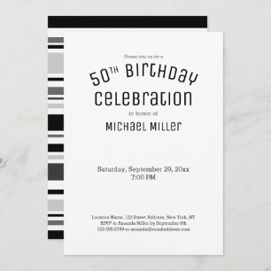 Modern Black White Grey Stripes 50th Birthday Invitation