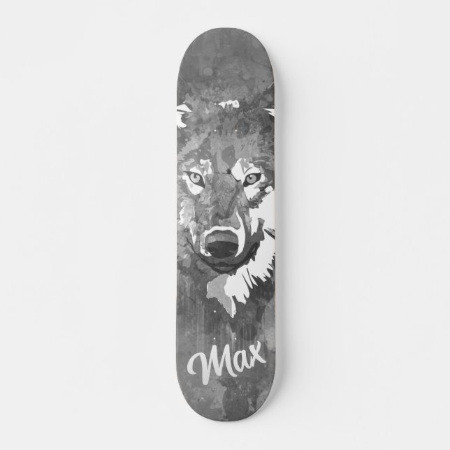 Modern black white grey watercolor wolf skateboard (Front)