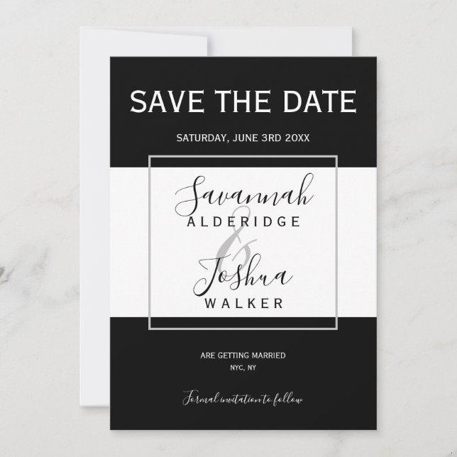 Modern Black, White, Grey Wedding Save the Date Invitation (Front)