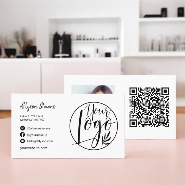 Modern black white hair makeup photo logo qr code business card (Modern black white hair makeup photo logo qr code business card)