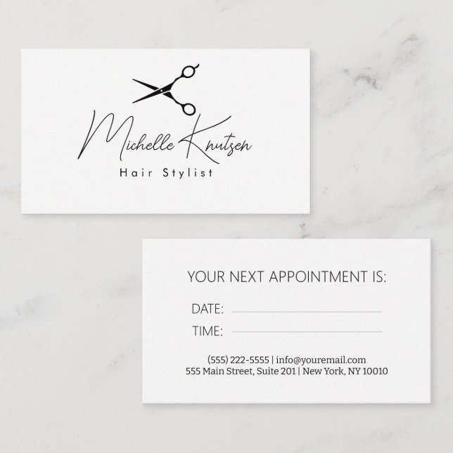 Modern black white Hairstylist Appointment Card (Front/Back)