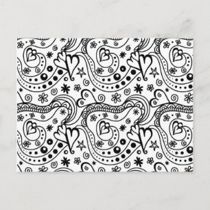 Modern black white hand drawn abstract hearts postcard