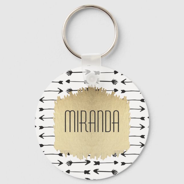 Modern Black & White Hand Drawn Arrows Monogram Key Ring (Front)