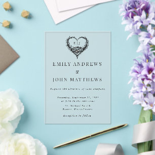 Modern Black White Hand drawn Floral Heart Wedding Acrylic Invitations