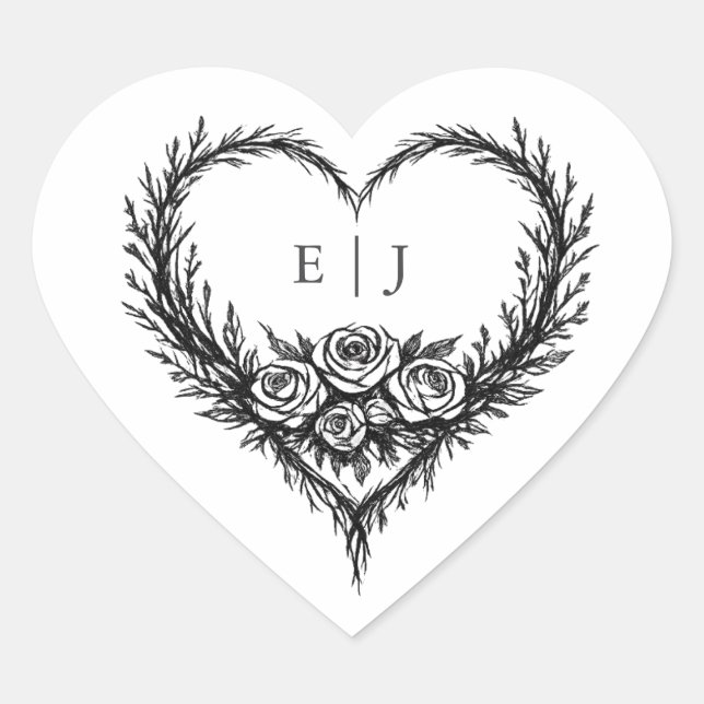 Modern Black White Hand drawn Floral Wedding Heart Sticker (Front)