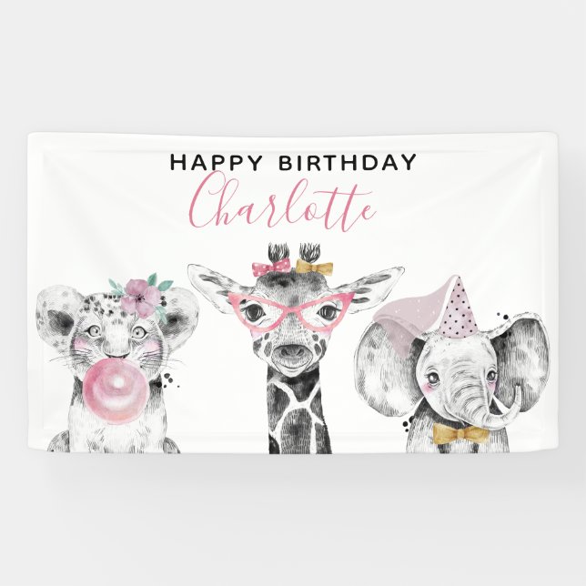 Modern Black & White Hand Drawn Safari Birthday Banner (Horizontal)