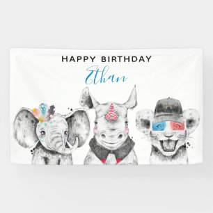 Modern Black & White Hand Drawn Safari Birthday Banner