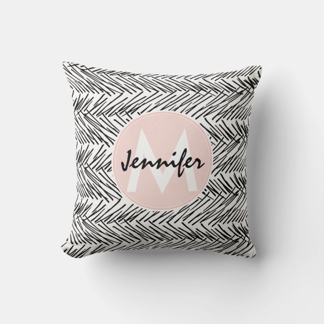 Modern Black & White Hand Drawn Zigzag Monogram Cushion (Front)