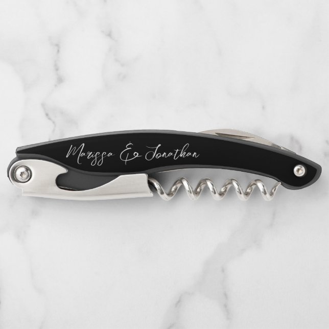 Modern Black White Hand Lettered Script Wedding Corkscrew (Front)
