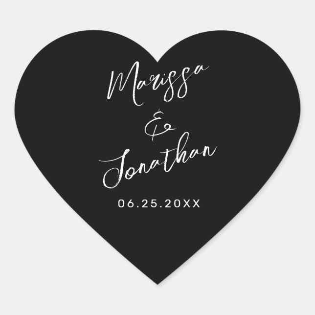 Modern Black White Hand Lettered Script Wedding Heart Sticker (Front)