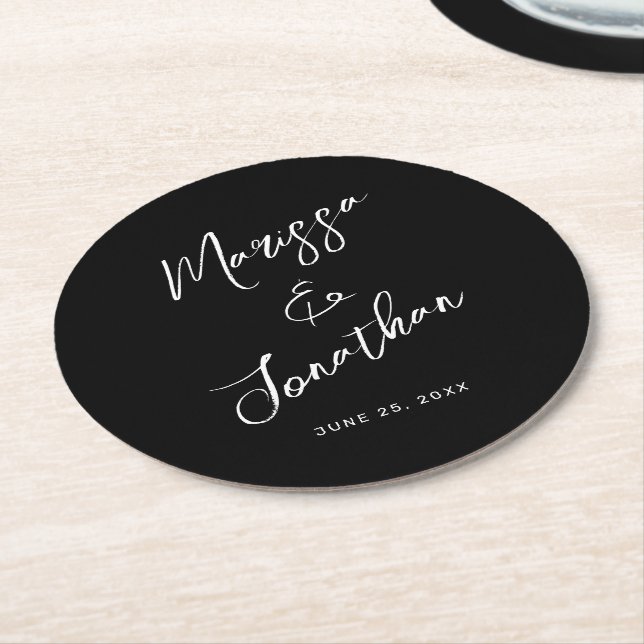 Modern Black White Hand Lettered Script Wedding Round Paper Coaster (Angled)
