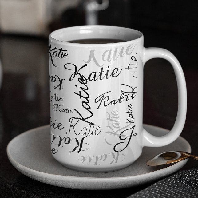 Modern black white handwritten names mug (stylish pattern)