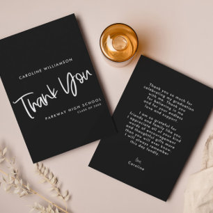 Modern Black & White Handwritten Script Graduation Thank You Card