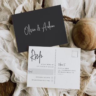Modern Black & White Handwritten Wedding RSVP Postcard