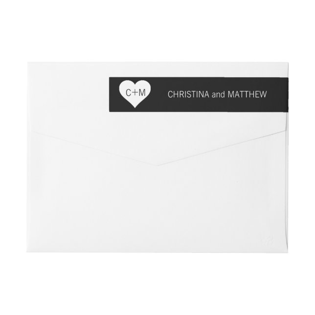 Modern Black White Heart Initials Wedding Wrap Around Label (Back)