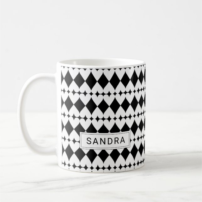 Modern Black & White Heart Pattern Personalised Coffee Mug (Left)
