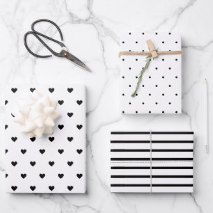 Modern Black & White Hearts Stripes Polka Dots 3 Wrapping Paper Sheet