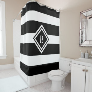 Modern Black White Horizontal Stripes Monogram Shower Curtain