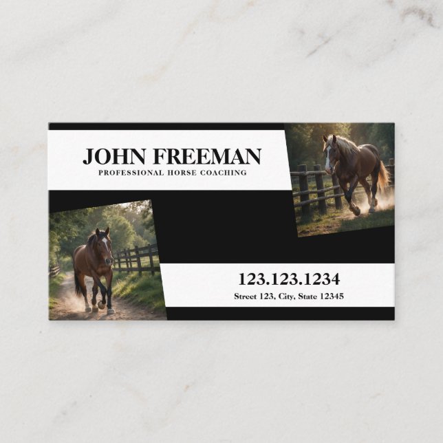 Modern Black & White Horse Photo Equine Business Card (Front)