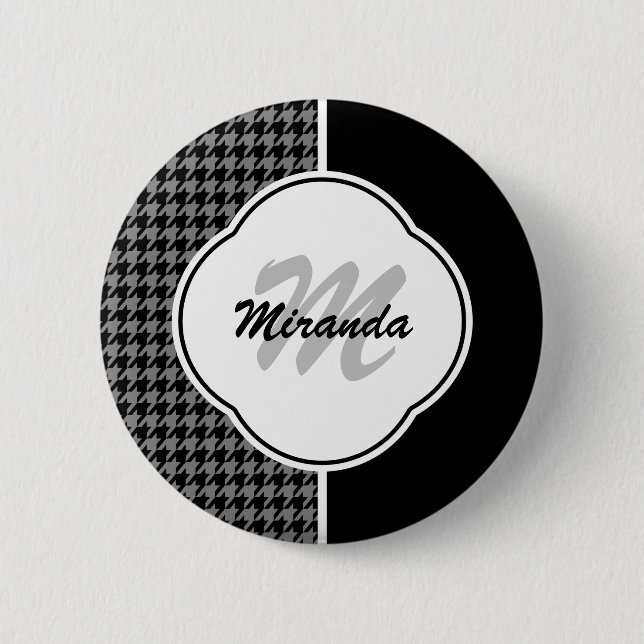 Modern Black White Houndstooth Monogram and Name 6 Cm Round Badge (Front)
