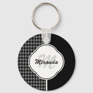 Modern Black White Houndstooth Monogram and Name Key Ring