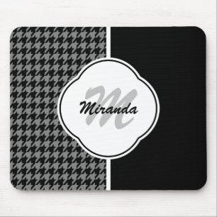 Modern Black White Houndstooth Monogram and Name Mouse Mat