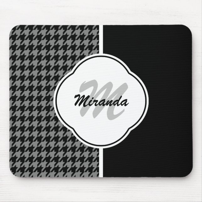 Modern Black White Houndstooth Monogram and Name Mouse Mat (Front)