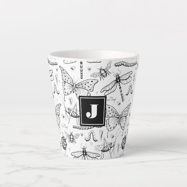 Modern Black & White Insect Illustration Monogram Latte Mug (Front)