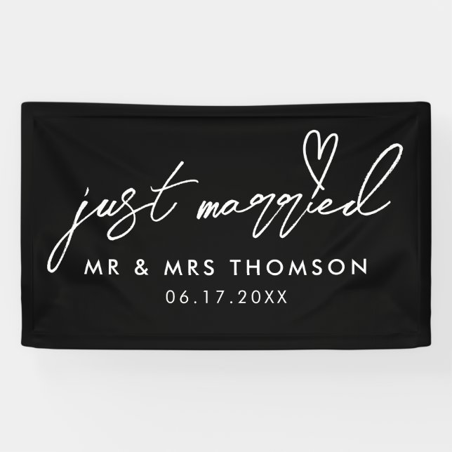 Modern Black White Just Married Elegant Wedding Banner (Horizontal)