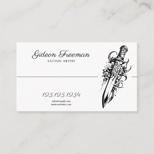 Modern Black & White Knife Rose Tattoo Artist Business Card (Front)