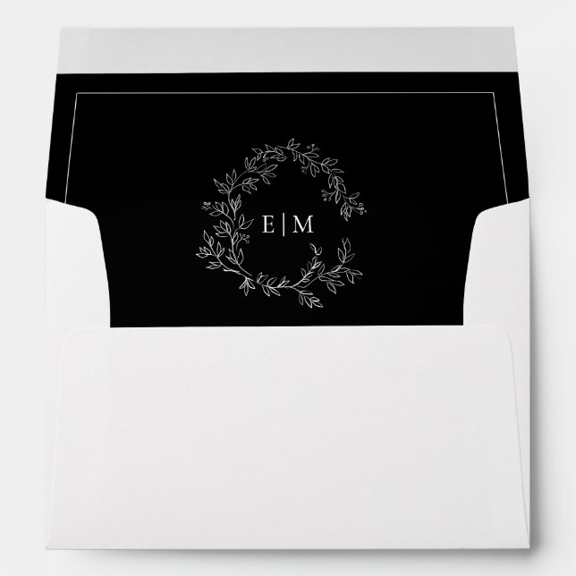 Modern Black White Leafy Crest Monogram Wedding Envelope (Back (Bottom))