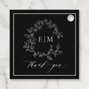 Modern Black White Leafy Crest Monogram Wedding Favour Tags