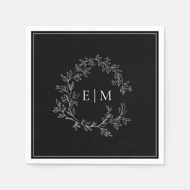 Modern Black White Leafy Crest Monogram Wedding Napkin (Front)