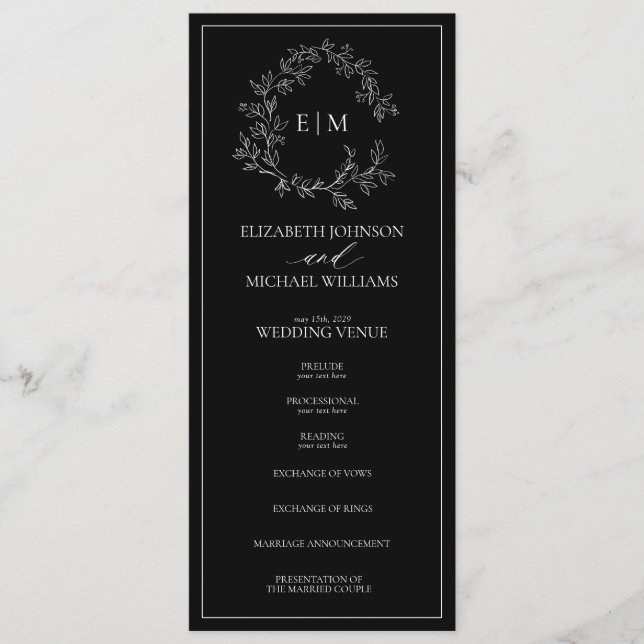Modern Black White Leafy Crest Monogram Wedding Programme (Front)