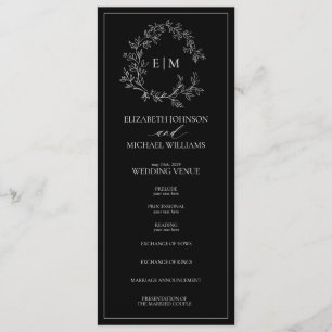 Modern Black White Leafy Crest Monogram Wedding Programme